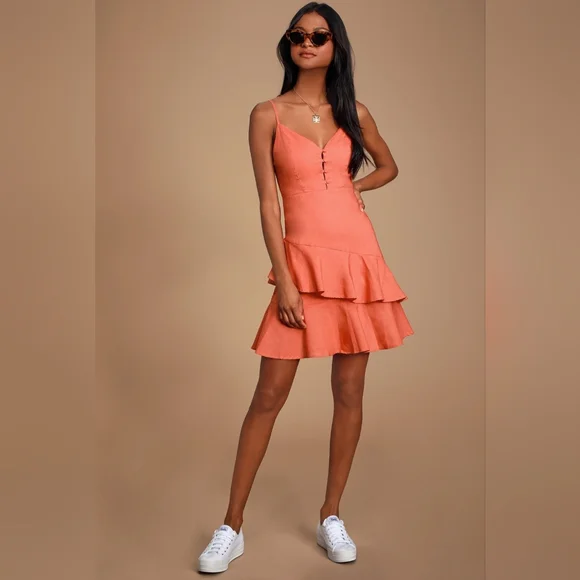 Lulus Brielle Coral Orange Ruffled Skater Dress - Picture 2 of 5
